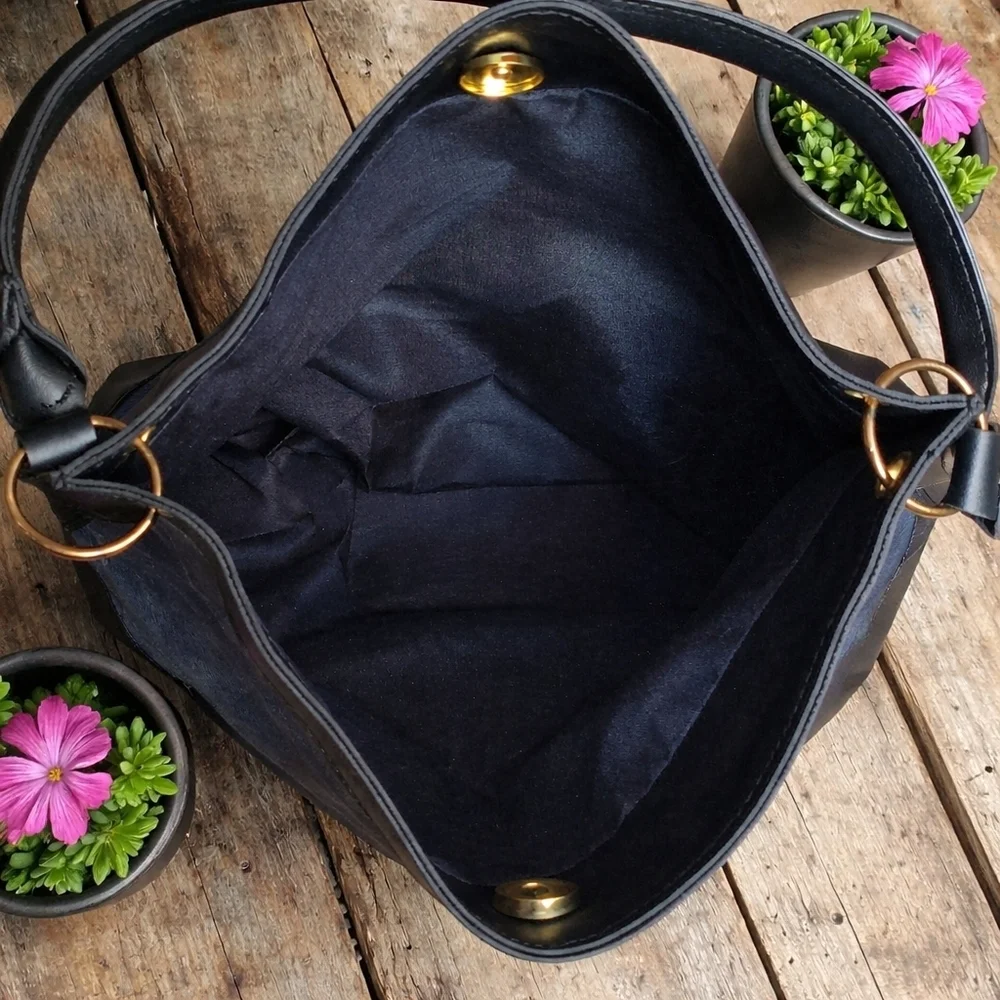 Denim Wash Vegan Leather Hobo Shoulder Bag Blue Black Modern Boho Tote 13in